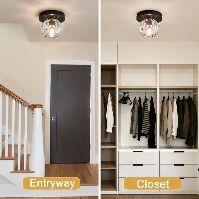 Crystal Small Chandelier Light Fixture: K9 Crystals Brass Semi Flush Mount Ceiling Lights - Black Globe Wall Sconce - Modern Mini Chandeliers for Bedroom Hallway Bathroom Living Room Entrance Closet