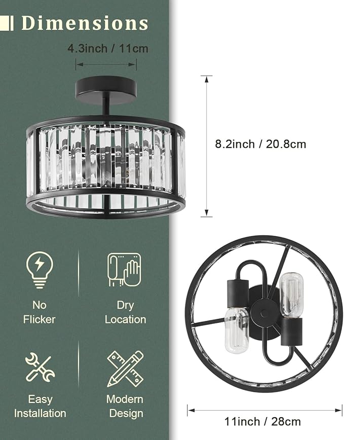 Black Flush Mount Ceiling Light, 2- Light Caged Crystal Chandelier, Small Drum Hallway Light fixtures Ceiling Mount (Black)