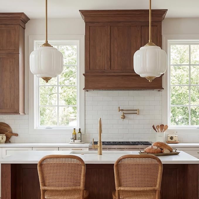 Milk Glass Ceiling Light Fixture - Antique Brass Semi Flush Mount Pendant Light for Kitchen, Hallway, and Bedroom (White, 9 inch)