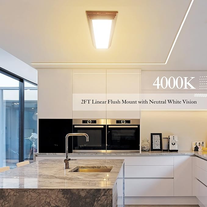 FAITHSAIL 2FT LED Light Fixture with 3000K/4000K/5000K CCT Selectable Dimmable 2 Foot LED Linear with Wooden Look 30W 3300LM Flush Mount Ceiling Wraparound for Kitchen, Bedroom, Laundry