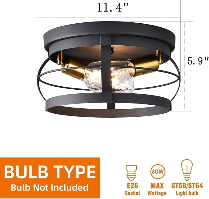 2-Light Farmhouse Flush Mount Ceiling Light,Modern Black Vintage Rustic Industrial Light Fixtures for Kitchen Dining Room Bedroom Hallway Foyer Entryway.