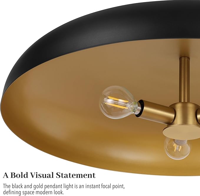 19.7 Inch Extra Large Pendant Light, 3-Light Black and Gold All Metal Pendant Lighting Fixture, Oversized Modern Dome Chandelier Ceiling Hanging for Kitchen Island Dining Room Living Entryway