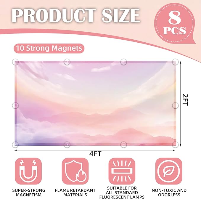 ANGSYLTH 8 Pcs Fluorescent Light Covers - 4 x 2 Feet Magnetic Light Filters for Ceiling Lights, Classroom, Office, Hospitals, Home (Pink - Sky)