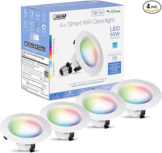 Feit Electric 4 Inch Smart Recessed Lights, Color Changing and Tunable White, 2.4GHz WiFi Retrofit LED Downlight E26 Base, Dimmable, 4 Pack, LEDR4/RGBW/AG/4