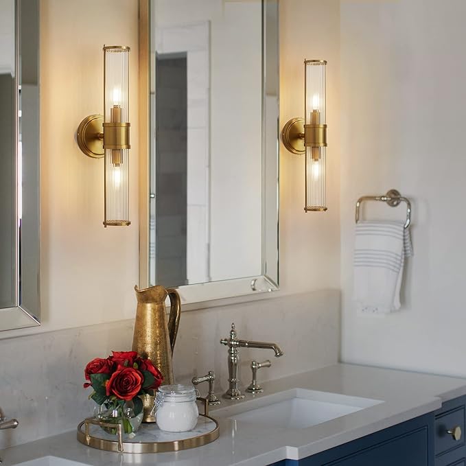 Gold Wall Sconce, Bathroom Light Fixtures with Threaded Glass Indoor Wall Sconces, Modern Sconce Wall Lighting Up and Down Vanity Lights Fixtures for Bathroom Mirror, Hallway, Living Room