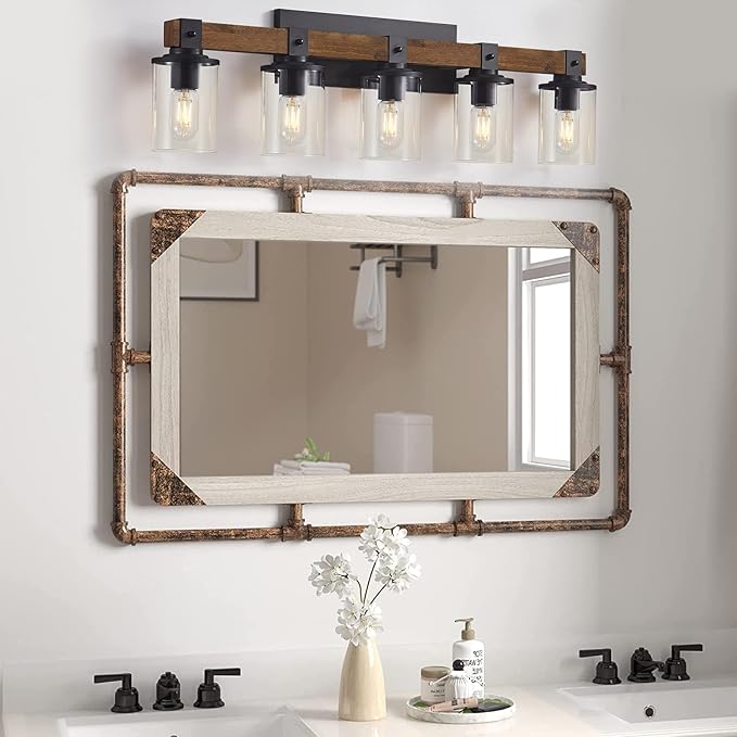 DUJAHMLAND Farmhouse Vanity Lights, 5-Light Wood Bathroom Wall Lighting with Clear Glass, Industrial Metal Wall Sconce for Bedroom, Kitchen, Hallway (Antique Wood, 5-Light)