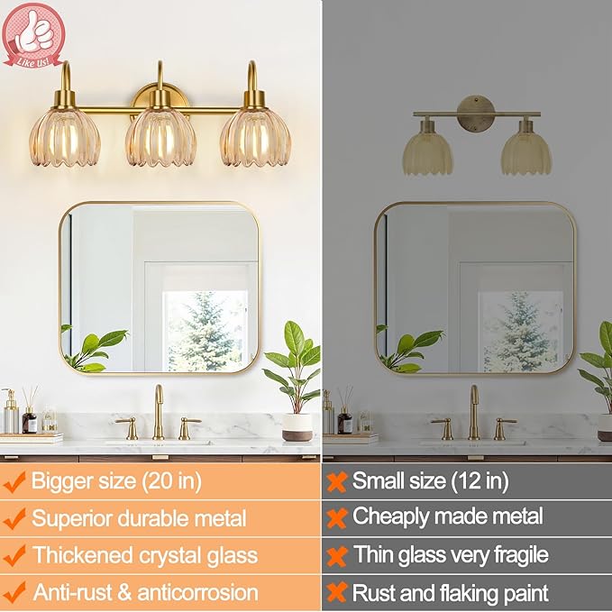 Bathroom Light Fixtures, 3-Light Brushed Gold Vanity Lights for Bathroom with Ribbed Amber Tulip Glass Shade, 20 in Bathroom Vanity Lights Over Mirror for Bedroom, Living Room, Hallway