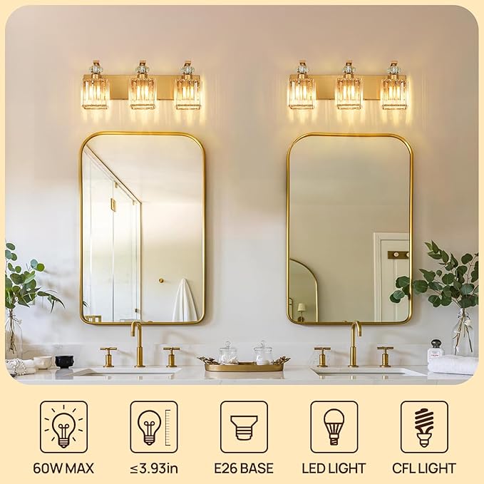 Modern Bathroom Vanity Light, 3-Light Gold Bathroom Lighting Fixtures Over Mirror, 20.5" Crystal Wall Light Sconce for Bathroom/Bedroom/Vanity, Includes LED Bulbs, Easy Installation