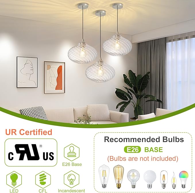 Glass Pendant Lights Kitchen Island, 11'' Brushed Nickel Pendant Lighting Fixtures, Modern Hanging Ceiling Light With Striped Clear Glass Shade for Farmhouse Dining Room Bedroom Hallway(1 Pack)