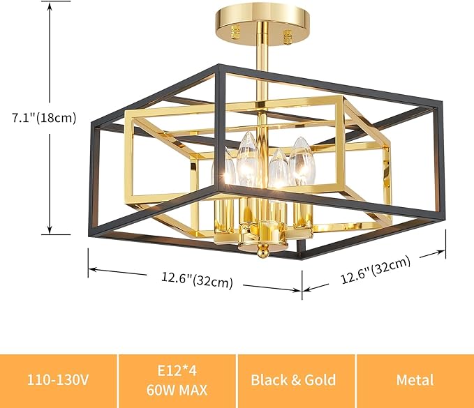 Square Ceiling Light, 4-Light Flushmount Modern Close to Ceiling Light Fixture for Living Room, Bedroom, Dining Room, L13 x W13 x H10 inch, Black & Brass Finish Frame