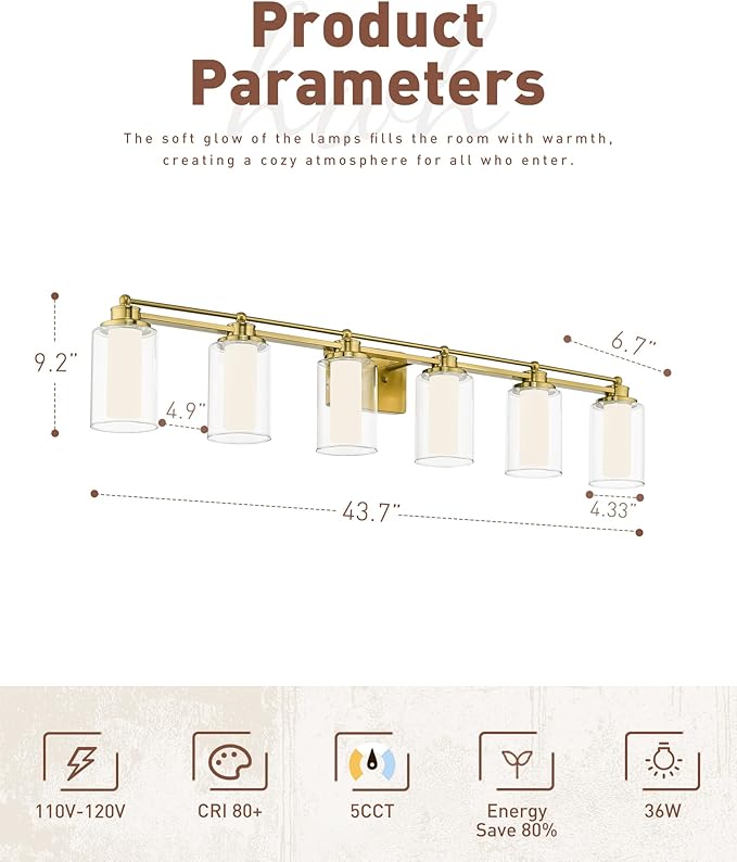 Bathroom Vanity Light Fixtures 6 Light, HWH Brushed Gold Vanity Light Over Mirror, Brass Wall Vanity Lights, 36W 5CCT LED Dimmable Bathroom Light, 5HLT63B-6W-LED BG