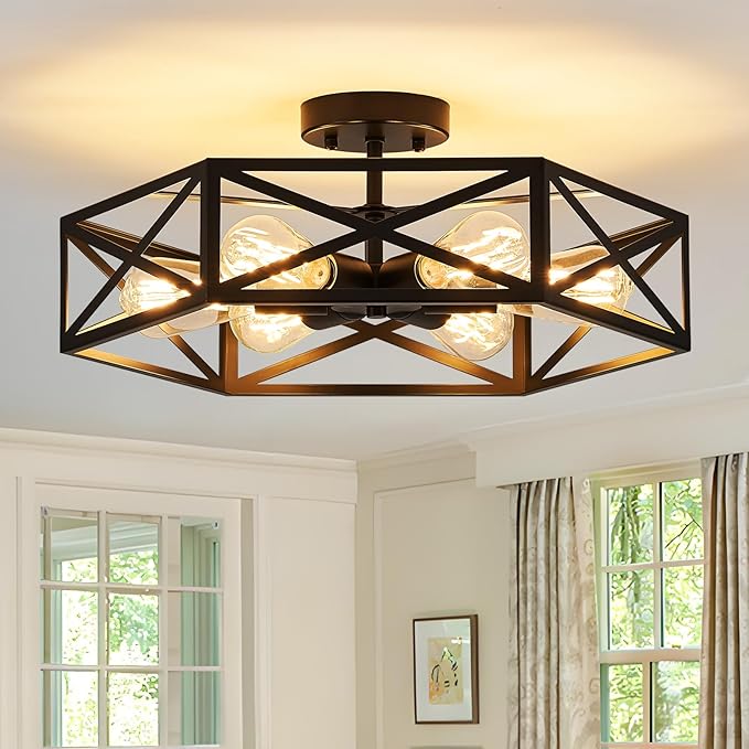 Modern Farmhouse Semi Flush Mount Ceiling Light,Industrial Black Ceiling Lighting Fixture,Hexagonal Close to Ceiling Lights for Kitchen,Living,Dining Room,Bedroom,Foyer,Laundry Room,19.7 Inch