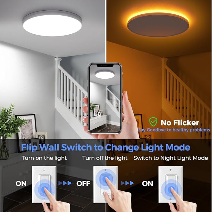 SunRider 4-Pack LED Flush Mount Ceiling Light Fixture with Night Light, 5000K Daylight White, 12 Inch 24W 2400LM Round Dimmable Flat Ceiling Lamp