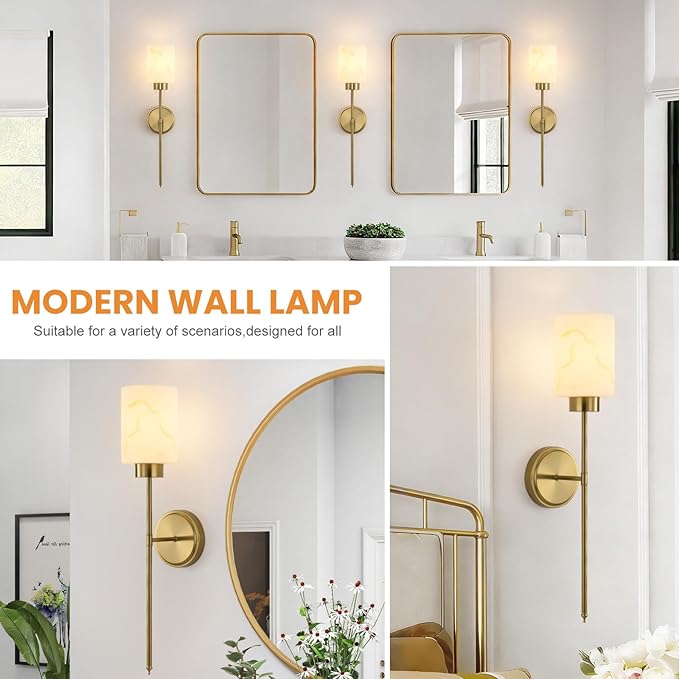 Gold Wall Sconces Set of 2 with Marble Glass Shade, Modern Bathroom Vanity Light Fixtures for Bedroom, Hallway, Entryway, Living Room