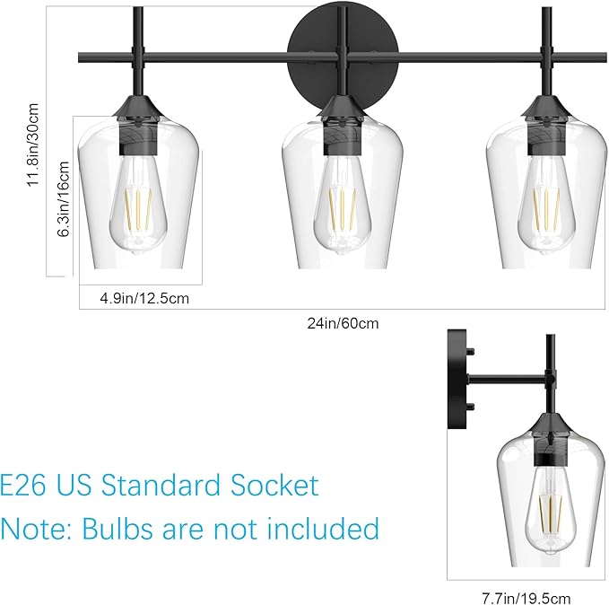 Ralbay Industrial Bathroom Vanity Light Fixtures 3-Lights Matte Black with Clear Glass Vintage Edison Wall Lamp Light Fixture for Bathroom
