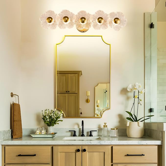 26.7" Gold Bathroom Light Fixtures 5 Light Floral Vanity Lights, 3-Color Dimmable Bathroom Vanity Light Elegant Led Wall Lights Cordless Wall Sconces for Decor,Bathroom,Livingroom
