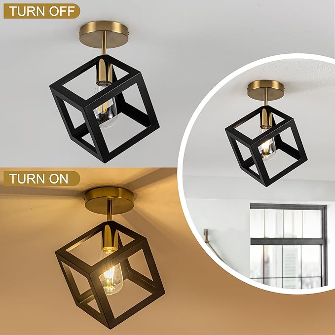 Modern Flush Mount Ceiling Light Fixture, Metal Frame Light Fixture,Black and Gold Finish, 9x9x13inches,for Entryway Porch Hallway Stairway Garage Living Room Dining Room Balcony