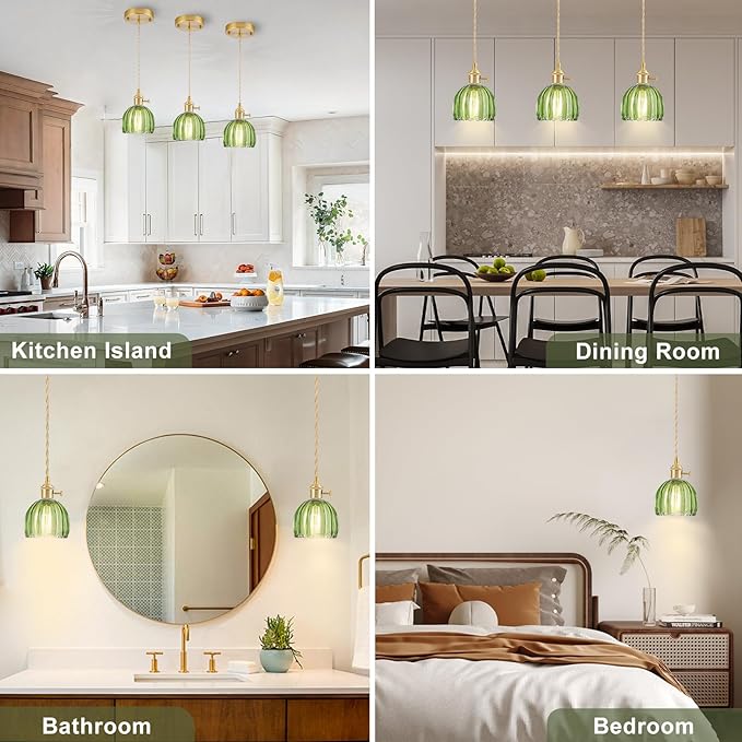 Mini Pendant Lights Kitchen Island 3 Pack, Small Adjustable Pendant Light Fixture with Green Tulip Glass Lampshade, Vintage Gold Pendant Lighting, Pendant Light for Bedroom Dining Room Hallway