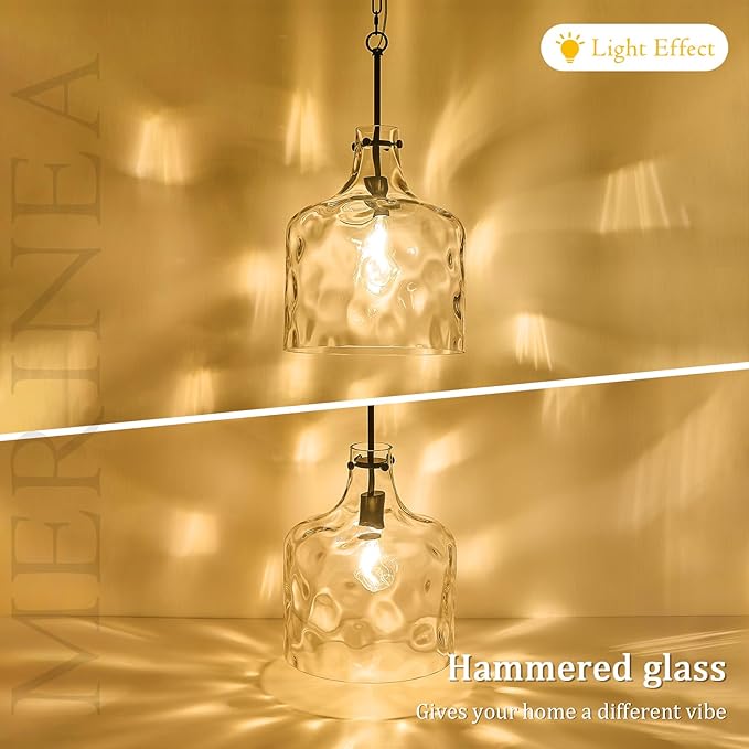 12" Farmhouse Pendant Light, Hand-Blown Clear Hammered Glass Hanging Ceiling Light Fixture with Black Finish and Adjustable Chain, Modern Rustic Lighting for Kitchen Island, Dining Room, E26 Socket