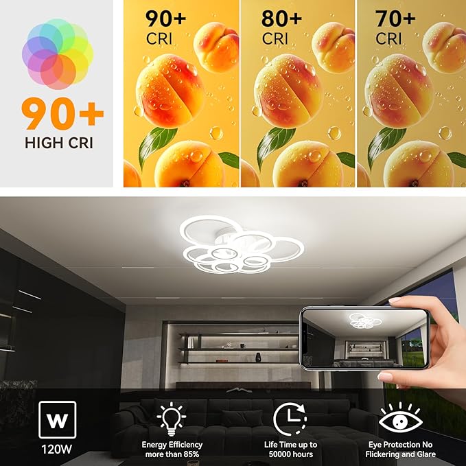 Modern LED Ceiling Light, 9 Ring Flush Mount Ceiling Light Fixture, Lampara de Techo con Control Remoto y App, 2800K-7000K Dimmable, 120W Chandeliers for Dining Room, Living Room, Bedroom