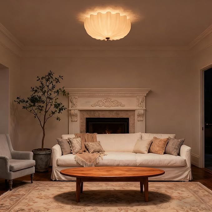 Gold Flush Mount Ceiling Light, 3-Light Hallway Light Fixtures, 15.7'' Vintage Brushed Brass Glass Ceiling Lights with Milky Glass Flower Shade for Entryway Dining Living Room Foyer