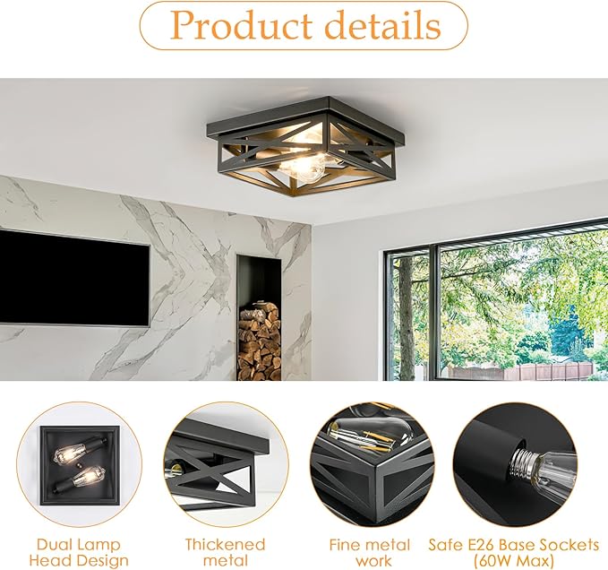 Black Flush Mount Ceiling Light Fixtures, 2-Pack Farmhouse Metal Cross Cage Semi Flush Mount Ceiling Light, 11 Inch Industrial Square Close to Ceiling Light for House Indoor Hallway Kitchen Bedroom