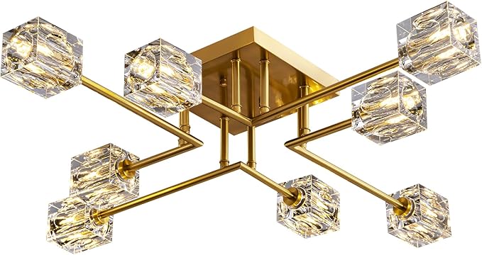 Modern Crystal Ceiling Light,Semi Flush Mount Ceiling Light Fixture with 8-Lights,Gold Sputnik Chandeliers for Bedroom,Dining Room,Farmhouse Kitchen,Office,Living Room