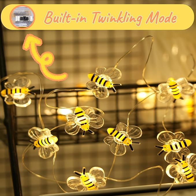 Bee Decor String Lights with Twinkling 10Ft 30Leds Battery Operated Spring Bee Bumble Cottage Core Decor Honey Gifts for DIY, Home, Classroom, Birthday, Party, Wedding, Christmas Tree