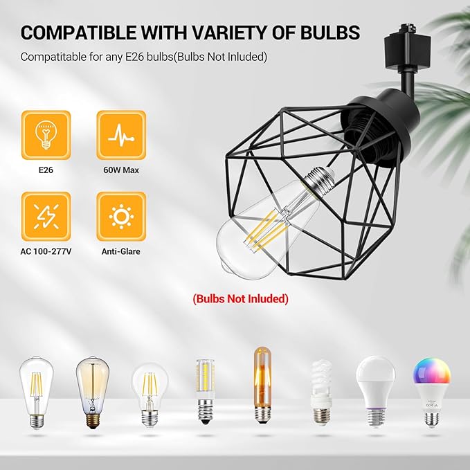 E26 Track Lighting Heads with Metal Cage, H Type LED Track Light Heads Compatible with H Type Track Rails, E26 Base Adapter Ceiling Light Fixture Direction Adjustable, Black (No Bulbs)