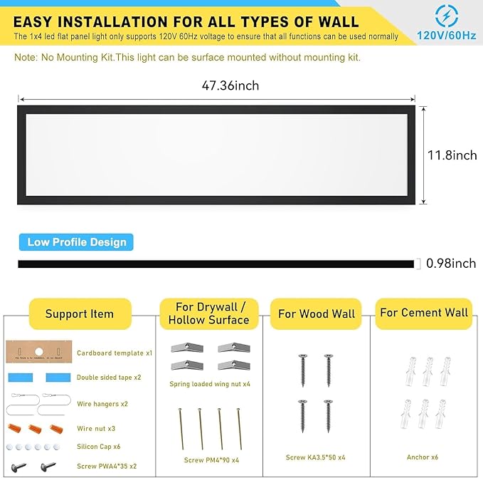 AIKVSXER 6PACK 1x4 LED Flat Panel Light Surface Mount LED Ceiling Light, 5500LM 50W TRIAC 10-100% Dimmable, 3000/4000/5000k AC120V Kitchen Lights Ceiling Flush Mount for Garage/Basement Black