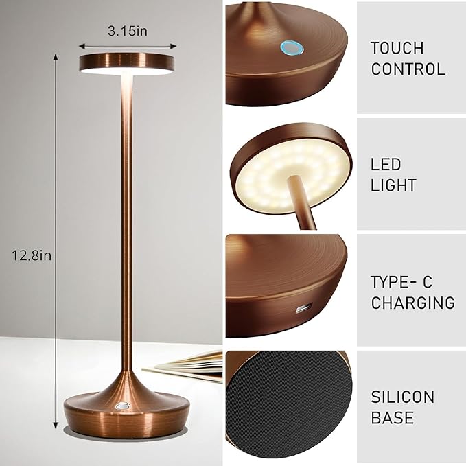 Brown Cordless Table Lamp, Rechargeable 6000mAh Battery Powered LED Desk Lamp, Portable Metal Touch Lamp with 3-Level Dimming, Waterproof for Restaurant, Dining, Patio, Home Decor (2 Brown)