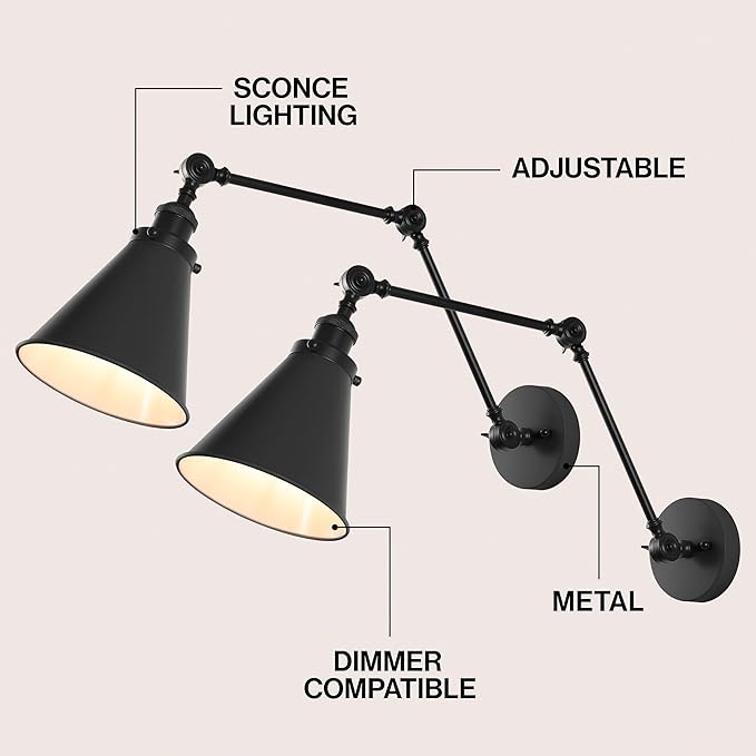 JONATHAN Y 7" Black Classic Industrial Metal Adjustable Arm LED Wall Sconce for Bedside Reading, Farmhouse Swing Arm Wall Lamp with Metal Shade, Hardwired (JYL7462E-SET2)