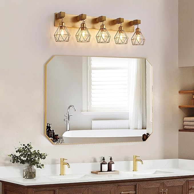 Farmhouse Bathroom Light Fixtures, 5-Light Gold Bathroom Vanity Light, Rustic Matte Antique Brass Finish with Metal Lampshade, Wall Sconces for Bedroom, Living Room, Hallway