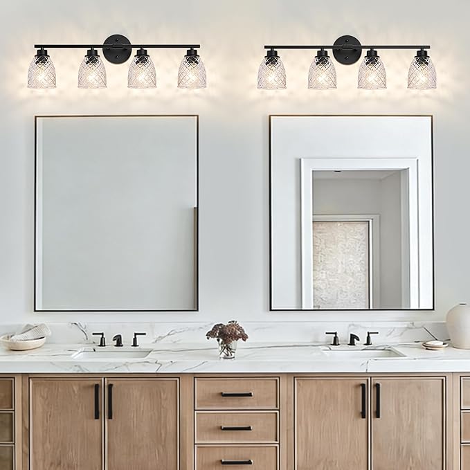4-Light Bathroom Light Fixtures, Modern Black Vanity Light Over Mirror, Wall Sconce with Clear Hammered Glass Shades, E26 Base (Bulbs Not Included)