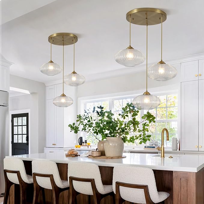 3 Light Pendant Lighting Clear Glass Cluster Pendant Lights Kitchen Island Modern Retro Adjustable Brushed Gold Hanging Light Fixtures Brass Cluster Chandelier for Bedroom Living Room MPL30-3D
