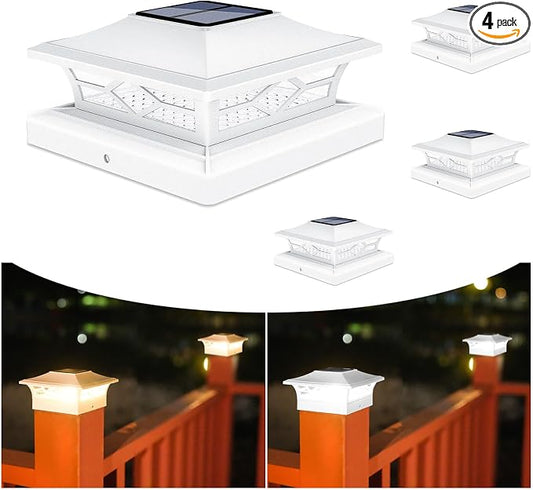 VOLISUN Solar Post Cap Lights: 4 - Pack Outdoor Deck Post Cap Lights White for Dock Fence Waterproof 2 Color Modes,4x4/6x6 Wooden/Vinyl Posts