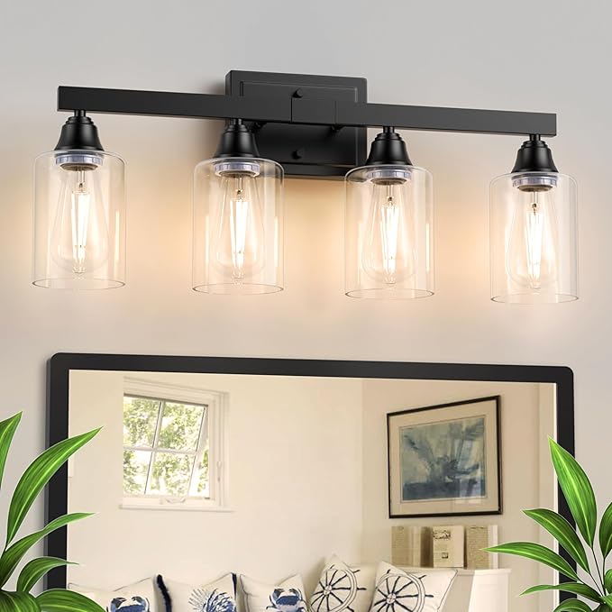 VOLISUN Matte Black Bathroom Light Fixtures, 4-Light Bathroom Vanity Light Over Mirror, Modern Vanity Lights for Bathrooms, Bathrooms Lights Fixtures Over Mirror with Clear Glass Shades