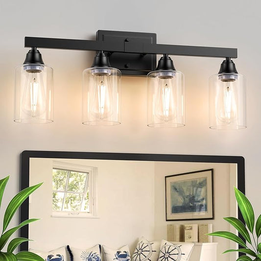 VOLISUN Matte Black Bathroom Light Fixtures, 4-Light Bathroom Vanity Light Over Mirror, Modern Vanity Lights for Bathrooms, Bathrooms Lights Fixtures Over Mirror with Clear Glass Shades