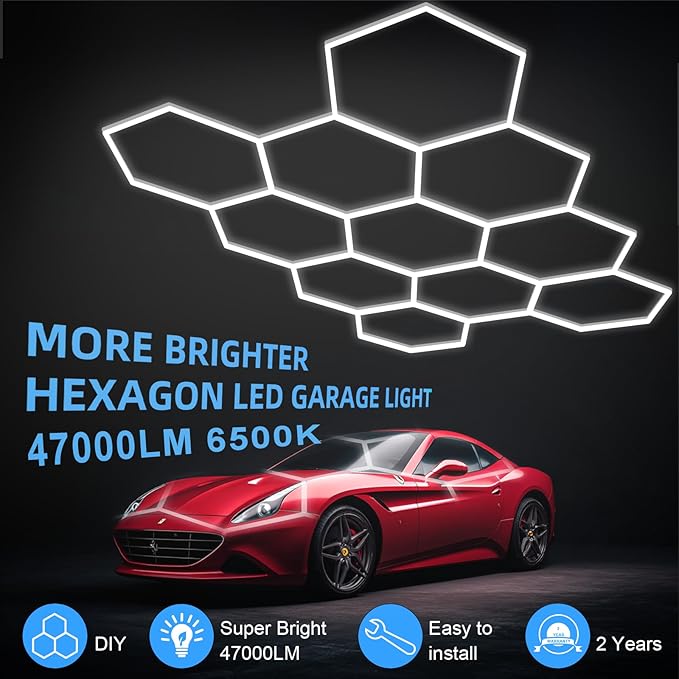 MODERN 11Grids Hexagon Garage Light: 48Pack 384W 47000LM High Brightness Hexagon Garage Lights-Easy Install Honeycomb Ceiling Lights for Warehouse, Gym Basement, Exhibition Hall