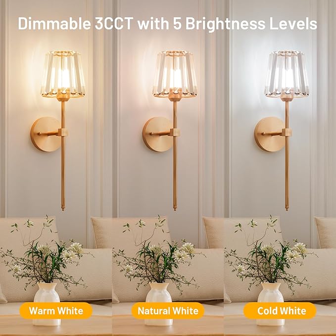 Crystal Battery Operated Wall Sconces Set of 2, Gold Rechargeable Wireless Wall Sconce Lights with Crystal Lampshade, 12 RGB and 3CCT Dimmable Wall Lamps with Remote for Bedroom Living Room Hallway