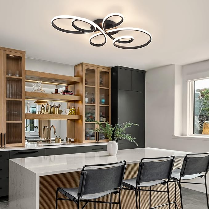 66W Modern LED Ceiling Light, Flower Flush Mount Light Fixture with Remote Control Black Dimmable Ceiling Lamp for Living Room, Bedroom, Dining Room, Hallway, Kitchen
