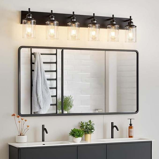 Lanhall 6-Light Black Bathroom Light Fixture Over Mirror Modern Farmhouse Bathroom Vanity Light Vintage Wall Lighting with Clear Glass Shade for Bathroom, Bedroom, Hallway, Cabinet