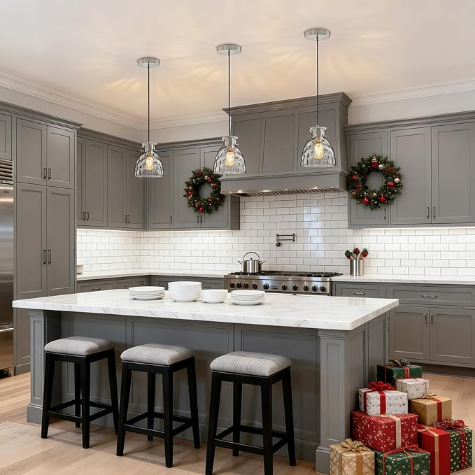 5.9“ Small Brushed Nickel Pendant Lights Kitchen Island, Hammered Glass Pendant Light Fixtures, Adjustable Mini Hanging Lights Kitchen Pendant Lighting over Island Sink Bathroom Dining Room Bedroom
