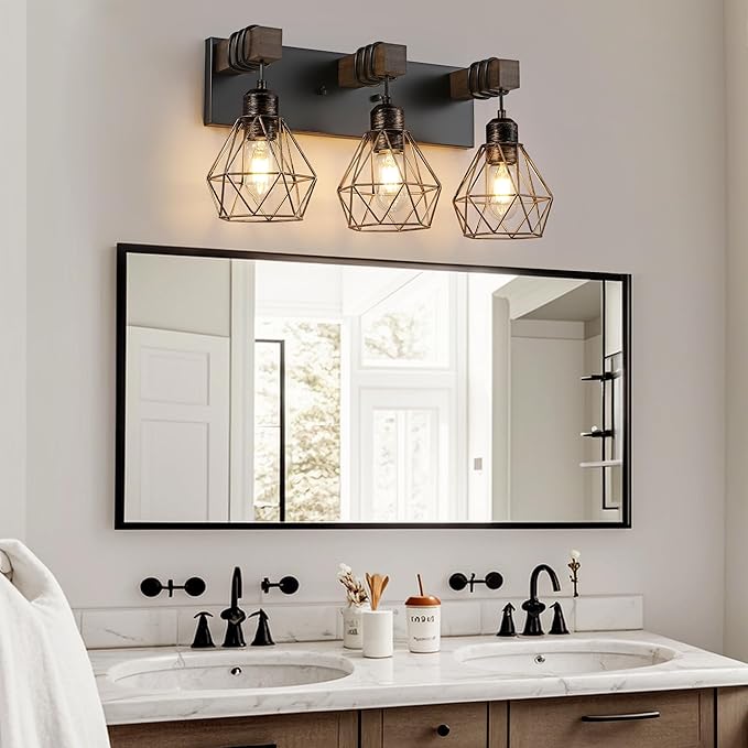 Farmhouse Bathroom Light Fixtures, 3-Light Bathroom Lighting Fixtures Over Mirror, Rustic Wood Black Gold Vanity Lights Wall Sconces with Metal Lampshade for Living Room