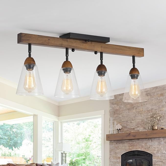 4-Light Large Rustic Farmhouse Wood Flush Mount Ceiling Light Fixture Clear Seeded Glass Shade and Oak Wood Track Semi Flush Mount Ceiling Light for Kitchen Living Room Bedroom Indoor, Black