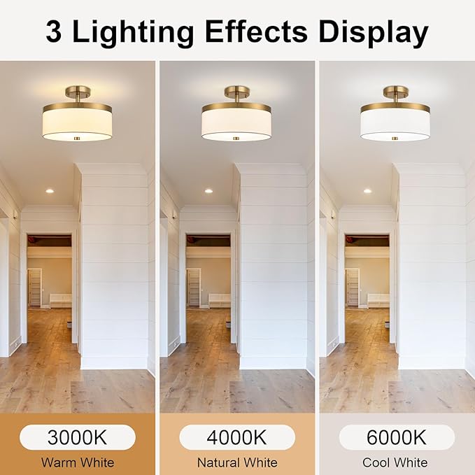3-Light Flush Mount Ceiling Light,12”Close to Ceiling Light Fixture, Modern Gold Ceiling Light with White Fabric Shade Design for Hallway,Bedroom,Entryway or Laundry