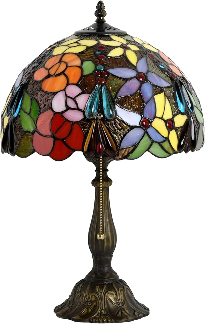 Tiffany Style Stained Glass Table Lamp, Floral Flower Desk Light with Antique Bronze Resin Base, Colorful Decorative Lighting for Bedroom, Living Room, Office 12X12X19 Inch (Flower Floral)
