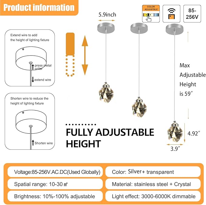 Chrome Crystal Pendant Lights Kitchen Island, Bedroom Bedside Hanging Crystal Ceiling Light, Dimmable 3000k-6000k 1-Light Independent