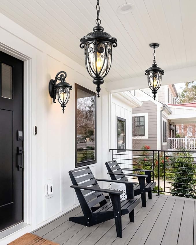 VIANIS Black Outdoor Pendant Light Lantern, Modern Chandelier, Handcrafted Hanging Lights with Seed Glass, Outdoor Ceiling Lights for Porch, House, Doorway, Garden, Entryway