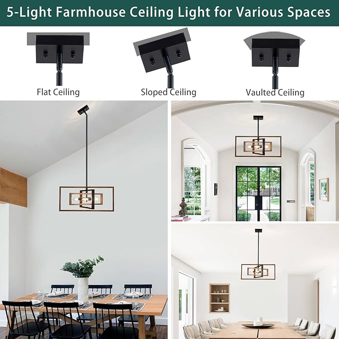 Farmhouse Chandelier, 5-Light Geometric Ceiling Light Fixture, 22" Adjustable Height Pendant Lighting for Living Room Foyer Entryway Dining Room Faux Walnut Grain